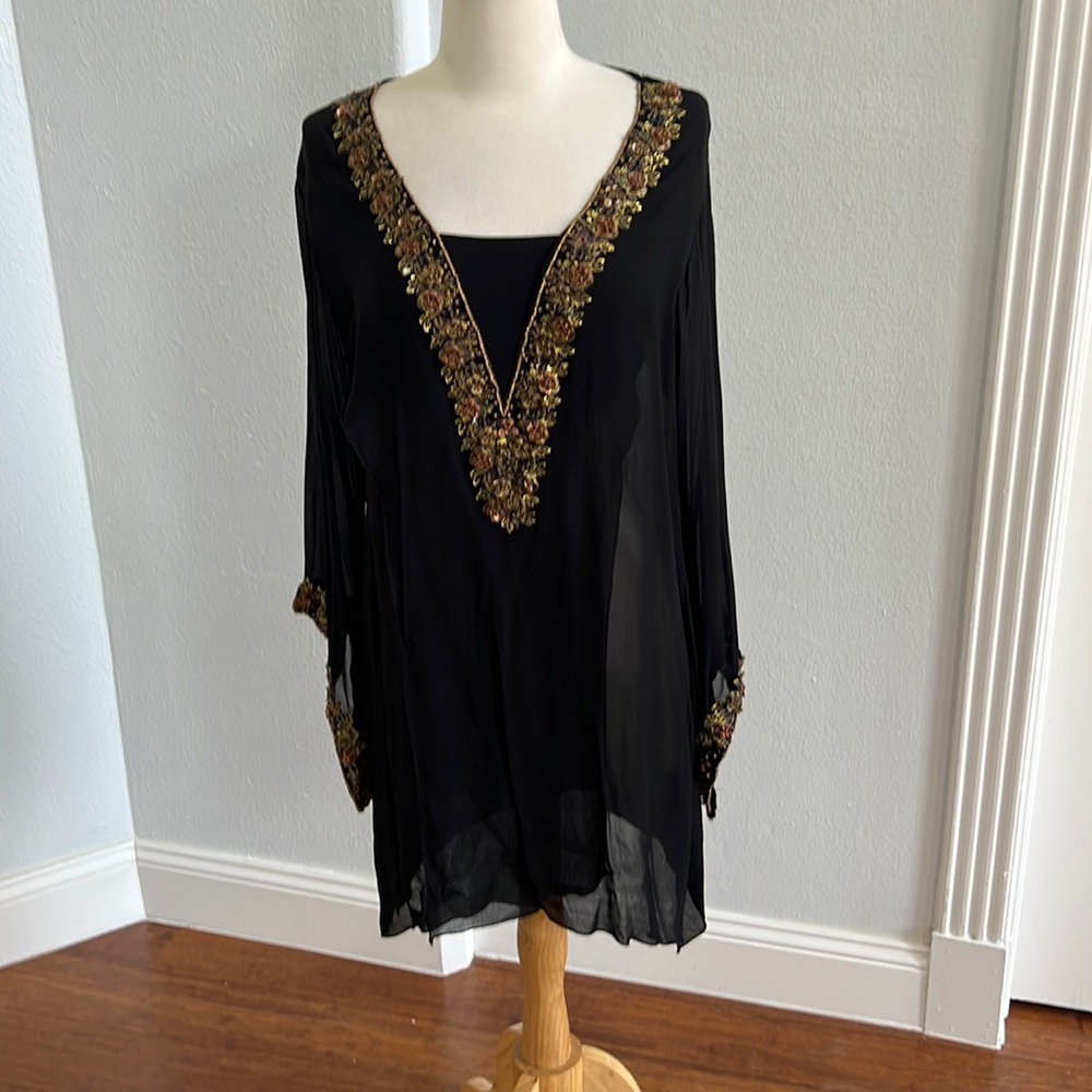 Long Sleeve Black Sequin Detail Tunic Blouse size M/L